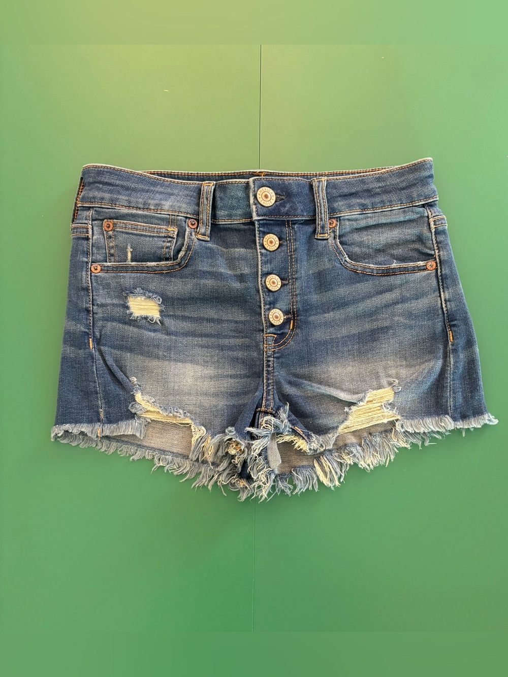American Eagle Outfitters Size 2 Distressed Blue Button-Front Denim Shorts